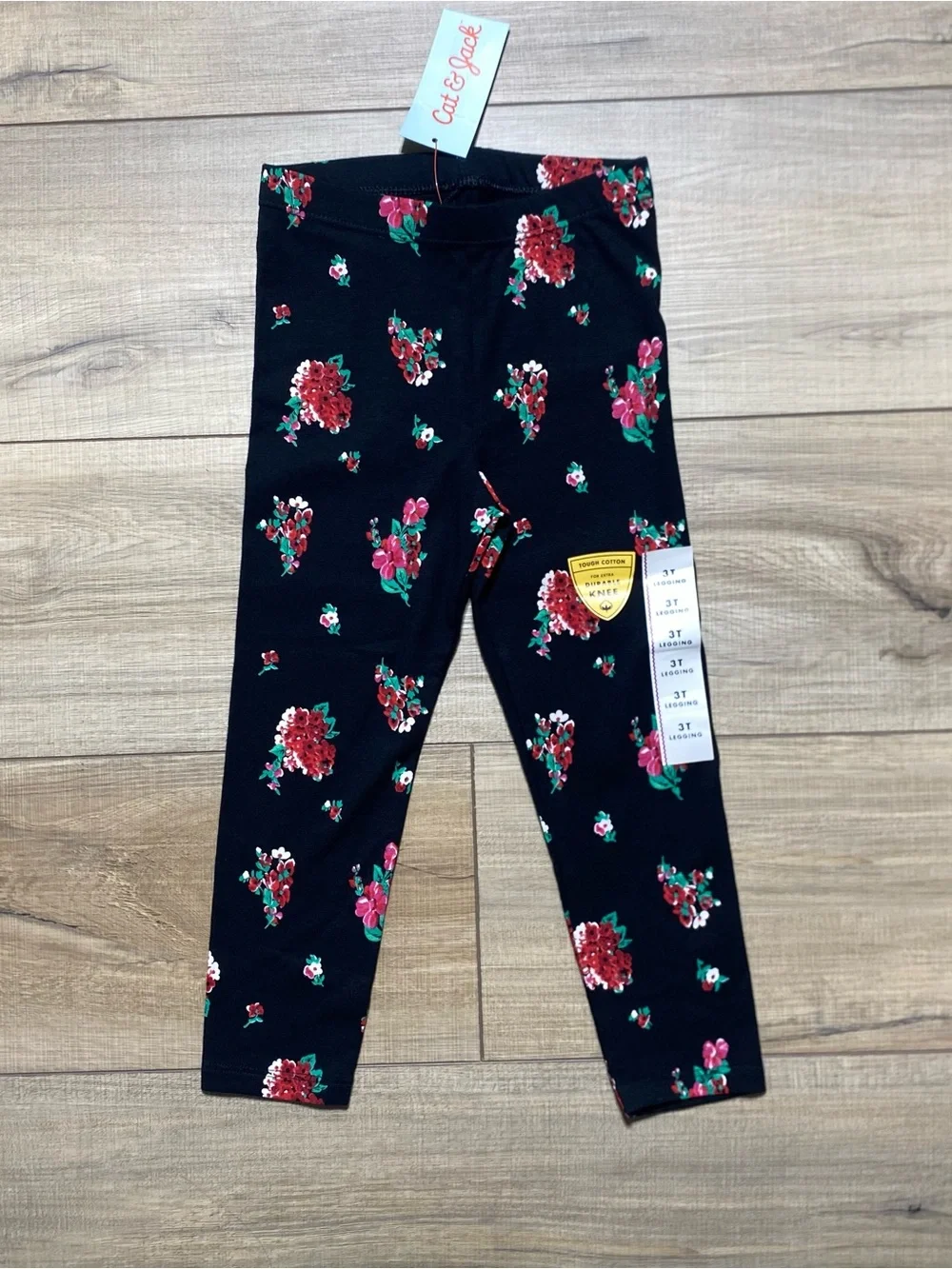 Cat & Jack Girls Durable Knee Tough Cotton Floral Leggings Size 3T Black